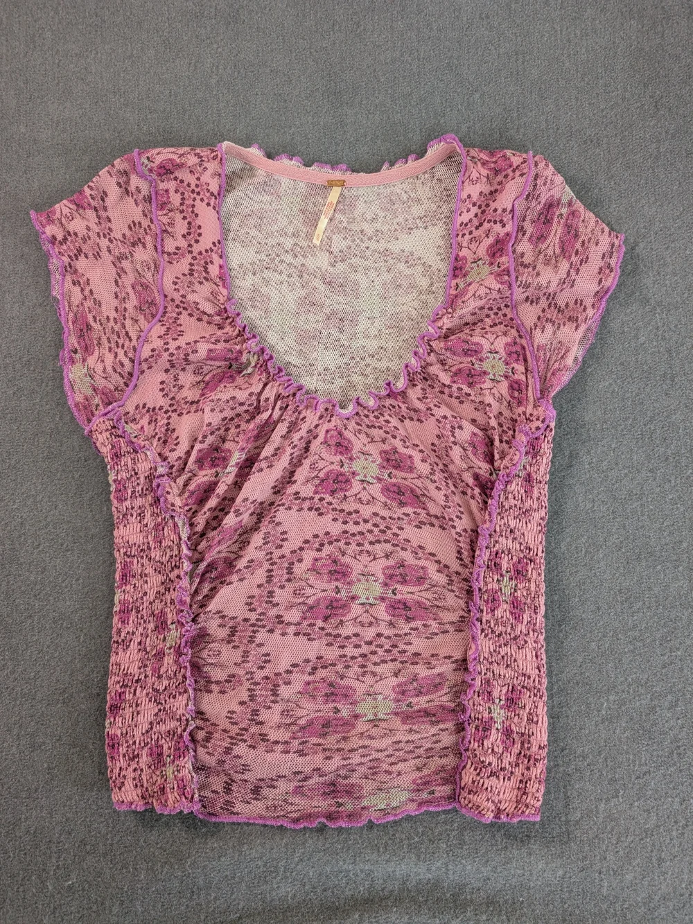 Free People Pink Floral Sheer Mesh Smocked Cap Sleeve Top XL